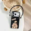 Detail of black leather iPhone case with cute capybara card slot and long lanyard strap - Black / iPhone 17 Pro Max