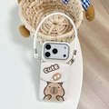 Detail of white leather iPhone case with cute capybara wallet and long lanyard - Off White / iPhone 17 Pro Max