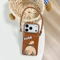 Macro view of brown leather iPhone case with functional wallet and cute bear decoration - Brown / iPhone 17 Pro Max