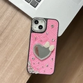 Detail of pink snakeskin leather case with rhinestone heart mirror and pearl bow for iPhone - Rose Red