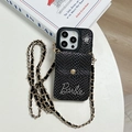 Detail of black faux snakeskin phone case with crystal Barbie logo and gold chain strap - Snake Skin Star Letter Wallet (With Leather Chain) / Black / iPhone 16e