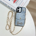 Detail of blue snakeskin pattern iPhone case with Barbie logo and gold chain strap - Snake Skin Star Letter Wallet (With Leather Chain) / Blue / iPhone 16e