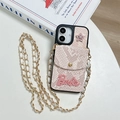 Detail of pink snakeskin texture phone case with card slot and metal crossbody chain - Snake Skin Star Letter Wallet (With Leather Chain) / Pink / iPhone 16e