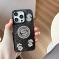 Macro detail of luxury black leather iPhone case featuring sparkling rhinestone dollar signs - iPhone 16e / Pearlescent Black