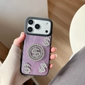 Purple leather iPhone case with rhinestone dollar symbols and protective camera lens trim - Pearl Purple