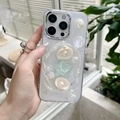 Funda artesanal para iPhone con conchas 3D, perlas y estrellas menta en fondo brillo - iPhone 17 Pro Max / Marco Galvanizado Cielo Estrellado Purpurina Cadena de Perlas Estrella de Mar Concha