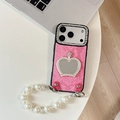 Detail of pink snake skin texture phone case with crown mirror and pearl chain strap - Rose Red
