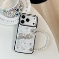 Detail of white leather iPhone case with rhinestone lens ring, Barbie logo and pearl strap - Snake Skin White (With Bowknot Rhinestone Pearl Chain) / iPhone 17 Pro Max