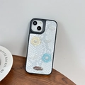 Detail of white snake skin texture phone case with resin flowers and pearl bow for iPhone - Snake Pattern-Pearl Cherry Blossom-White / iPhone 16e