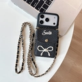 Luxury black snake skin iPhone case with bow, card pocket and long crossbody chain strap - Black
