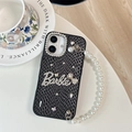 Detail of black snake skin iPhone case with rhinestone Barbie logo and pearl chain strap - Large-hole Snakeskin Pattern - Bow Rhinestone Pearl Necklace - Black / iPhone 17 Pro Max