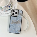 Detailed view of light blue snakeskin texture iPhone case with rhinestone Barbie logo - Large-hole Snakeskin Pattern - Bow Rhinestone Pearl Necklace - Blue / iPhone 17 Pro Max