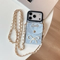 Funda bandolera de piel de serpiente azul con tarjetero, lazo y pedrería Smile - Patrón de Serpiente de Agujero Grande - Cartera de Lazo Smile - Cadena de Cuero / iPhone 16 Pro / Azul