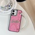 Pink snakeskin phone case with pearl handle and rhinestone Barbie logo detail - Large-hole Snakeskin Pattern - Bow Rhinestone Pearl Necklace - Rose Red / iPhone 17 Pro Max