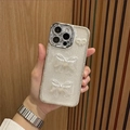 Luxury iPhone case with white glitter and 3D bows adorned with sparkling rhinestones - Yusha White Glitter Epoxy-Medium Pearl Bowknot+White Rhinestone Edge (iPhone 17Promax)