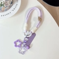 Handwoven taro purple phone lanyard with star charms and bell detail on white background - (Smiley Face) Short Rope-Star Pendant-Purple