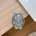 Detail view of bear phone grip with silver glitter and dark iridescent beads on a wooden desk - Magnetic Pearl Chain Style / Pearlescent Bear - Silver Gray