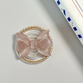 Detail of rose gold glitter bow phone grip with golden bead border and magnetic base - Pearl Magnetic Style / Brown