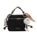 Fashionable black velvet handbag with silk scarf handle and plush doll keychain - Basic Style / Black