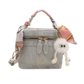 Gray marble leather bucket bag with pink scarf handle and white monster charm - Basic Style / Silver