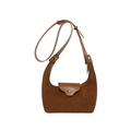 Minimalist brown suede crescent crossbody bag with leather flap and adjustable strap - Brown