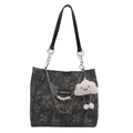 Dark grey floral tote bag with pearl chain, leather handles and cloud charm detail - 28.5x11x26cm / Black (With Charm)