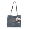 Blue floral tote bag with brown leather handles, pearl chain, and cloud charm - 28.5x11x26cm / Blue (With Charm)