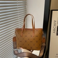 Brown printed tote bag with retro pattern, large capacity and woven shoulder strap - Brown