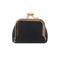 Mini black lychee pattern PU leather kiss-lock jewelry and coin pouch with gold metal clasp - Black