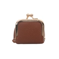 Mini caramel brown litchi leather coin purse with vintage golden kiss-lock closure - Brown