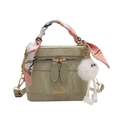 Fruit green mini handbag with pleated texture, silk scarf handle and plush charm - Basic Style / Green