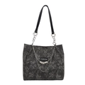 Bolso tote de lona floral gris oscuro con correas de cuero y detalle de perlas - Negro (Sin Colgante)