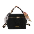 Black box tote with gold FASHION lettering, silk scarf handle, and adjustable shoulder strap - Black without Pendant