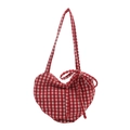 Red and white checkered heart-shaped tote bag with bow detail and long shoulder strap - Red
