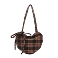 Large plaid tote bag for women with tartan wool fabric and side bow details - Coffee