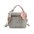 Gray textured PU leather bucket bag featuring a pink floral silk scarf handle and gold hardware - Silver No Pendant