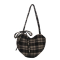 Checkered heart-shaped shoulder bag with bow detail in coffee brown and cream tones - Black