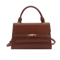 Classic tan leather small square handbag with top handle and metal buckle closure - Brown