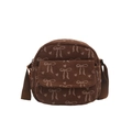 Coffee brown corduroy crossbody bag with white bow and heart patterns for women - Brown
