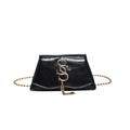 Retro black glossy leather crossbody bag with gold chain and metal tassel logo - Black