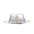Silver metallic pleated crossbody bag with gold SS logo and delicate chain fringes - Silver