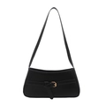 Chic black glossy faux leather shoulder bag with gold buckle detail and sleek minimalist design - Black