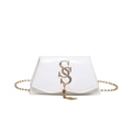 White minimalist crossbody square bag with gold tassel and elegant metal chain strap - White