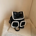 Minimalist black PU leather backpack with white faux fur trim and metal chain detail - Black