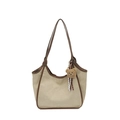 Borsa a secchiello in tela beige minimalista con finiture in pelle marrone e ciondolo a orso - Con Ornamento / Cachi
