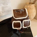 Brown faux leather backpack with white shearling trim and chain detail strap - Brown
