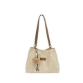 Grande borsa tote in velluto beige con manici in pelle marrone e ciondolo a orsetto - Cachi Con Pendente
