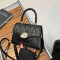 Minimalist black quilted handbag with crocodile texture and gold hardware for women - Black
