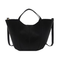 Minimalist black matte leather bucket bag with contrast stitching and adjustable strap - Black