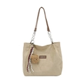 Sac fourre-tout beige en velours côtelé avec patch cuir et pendentif ours mignon - Avec Pendentif / Kaki